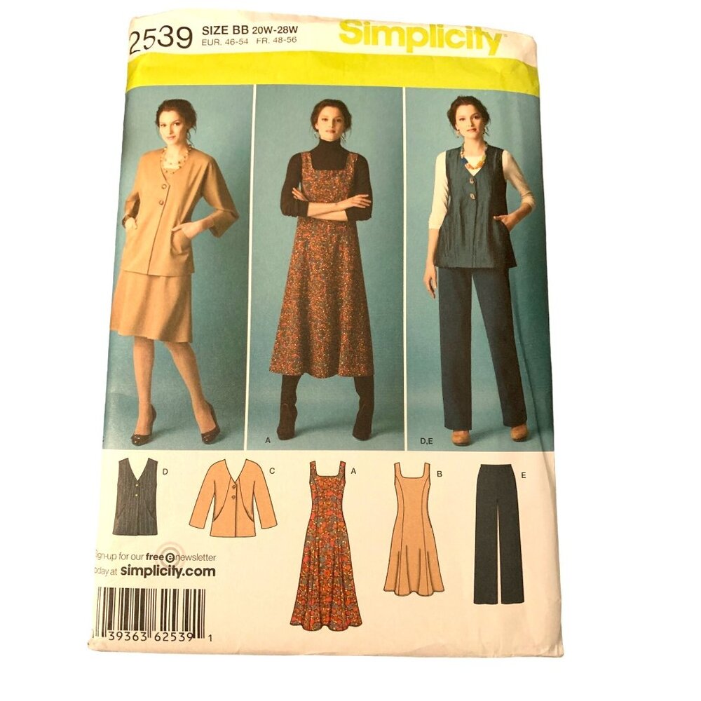 Simplicity 2539 Womens Jacket Vest Dress & Pants Sewing Pattern 20W-28W uncut
